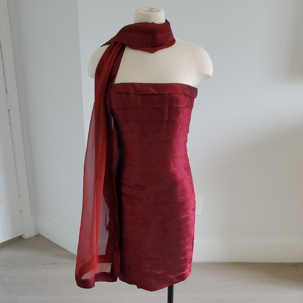 Carmen Marc Valvo Burgundy Strapless Cocktail Dress with Sheer Scarf